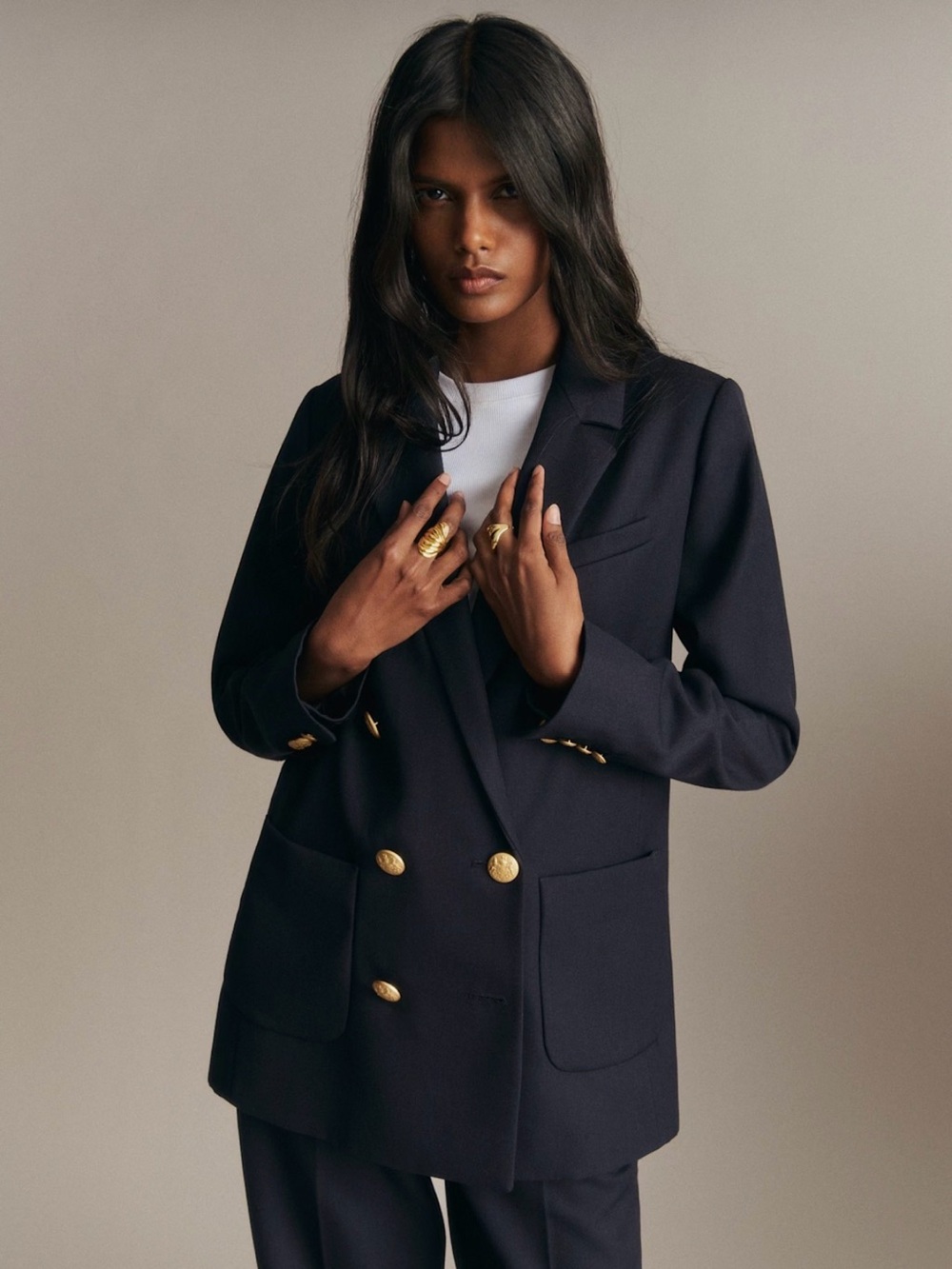 Sezane Navy Double-Breasted Blazer with Gold Buttons - Size 10